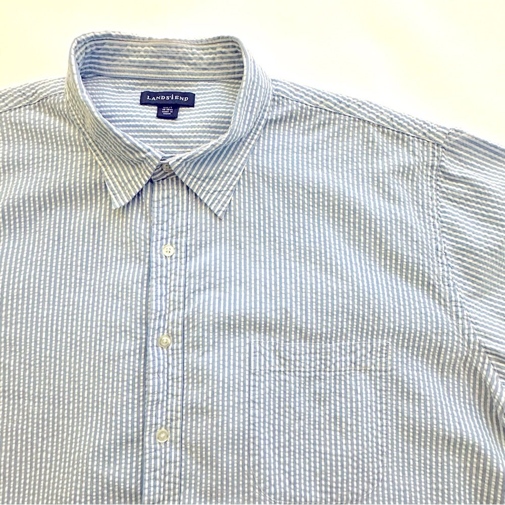 Lands End Mens XXL Seersucker Blue and White Stripe Button Down Oxford Shirt
